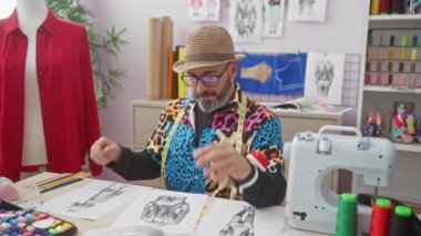 Şapkalı şık bir adam moda çizimleri ve dikiş makinesiyle çevrili renkli bir terzi dükkanında gözlüklerini ayarlıyor..