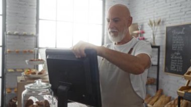 Pastanede çalışan olgun bir adam. Arka planda hamur işleri ve ekmek var. Tezgahta bilgisayar kullanıyor..