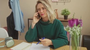 Ciddi bir beyaz kadın, evde çiçeklerle ve klasik telefonlarla çevrili bir telefon görüşmesi yapıyor. Ev yaşamını örnek alıyor..