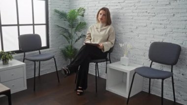 Beyaz tuğlalı duvarları olan bir bekleme odasında oturan çekici sarışın bir kadın, elinde bir klasör, siyah bir sandalyeye oturmuş bitkilerle dolu küçük beyaz bir masanın yanında..