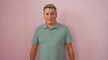 İzole edilmiş pembe arka planda kolları çapraz duran beyaz adam mutlu görünüyor ve gülümsüyor.