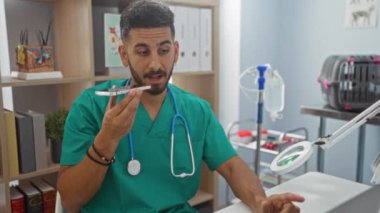 Yeşil önlüklü, steteskoplu, veteriner kliniğinde çalışan, etrafı kitaplık ve tıbbi malzemelerle çevrili, akıllı telefonuyla konuşan Latin kökenli genç bir adam..