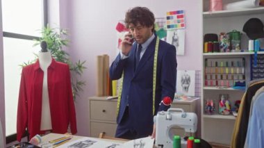 Takım elbiseli genç bir İspanyol, kumaş, çizimler ve dikiş makinesiyle çevrili bir terzi dükkanında telefonla konuşuyor..