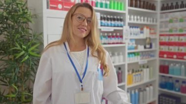 Modern bir eczanede gülümseyen gözlüklü sarışın kadın eczacı.