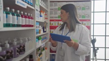 Eczanedeki genç bir İspanyol kadın eczacı ilaç ve hijyen ürünleriyle dolu rafların arasında dururken bir tabletteki ürünleri gözden geçiriyor..