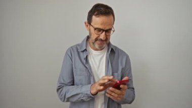 Zeki telefonlu orta yaşlı İspanyol bir adam mutlu bir şekilde gülümsüyor, dişlerini gösteriyor, kendinden emin ve pozitif, izole edilmiş beyaz arka plana bakıyor.