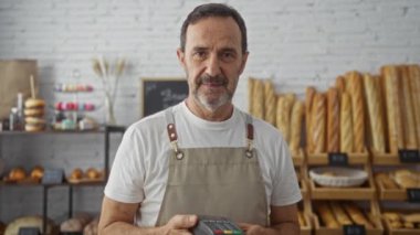 Fırında çalışan orta yaşlı bir adam elinde bir kart okuyucuyla kapalı bir dükkanda gülümsüyor.