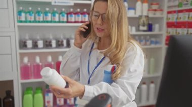 Beyaz önlüklü sarışın kadın eczacı eczanede telefonla konuşurken ilaçlarını inceliyor.