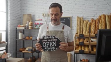 İspanyol bir adam fırında açık bir tabela tutuyor. Arka planda ekmek ve hamur işleri var. Bu da misafirperver ve davetkar bir atmosfer olduğunu gösteriyor..