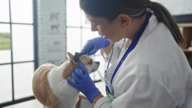 Bir kadın veteriner veteriner, veteriner kliniğinde bir chihuahua 'yı muayene ediyor, eldiven takıyor ve stetoskop takıyor..