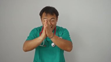 Doktor üniformalı genç Çinli adam mutlu bir zaferi kutluyor muzaffer bir gülümseme ve soyutlanmış beyaz bir arkaplanda neşeli bir ifadeyle.