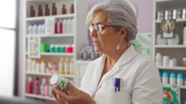 Eczanedeki beyaz saçlı kadın, ürünlerle dolu raflarla çevrili şişeyi inceliyor. Beyaz önlük ve gözlük takıyor. Detaylara ve uzmanlığa özen gösteriyor.