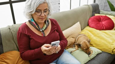 Olgun bir kadın rahat bir oturma odasında uyuyan köpeğin yanındaki koltukta akıllı telefon kullanır..