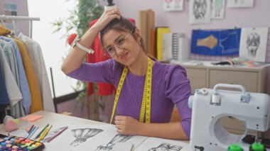 Moda çizimleri ve dikiş makinesiyle çevrili bir terzi dükkanında poz veren kendine güvenen genç İspanyol kadın..