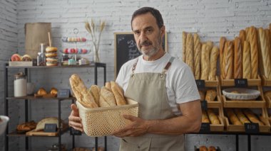İspanyol adam arka planda sergilenen çeşitli ekmek ve hamur işleriyle dolu sıcak bir fırında bir sepet taze ekmek tutuyor..