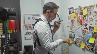 Sakallı orta yaşlı bir adam kanıt ve suç tahtasıyla çevrili bir dedektifin ofisinde ipuçlarını inceliyor..