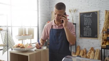 Önlük takan ve telefonla konuşan genç adam fırın tezgahında pasta ve menü ile birlikte not defterine yazıyor.