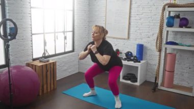 İyi donanımlı bir spor salonunda spor yapan yaşlı bir kadın spor salonunda spor aletleri, ağırlık ve spor aletleri kullanıyor..