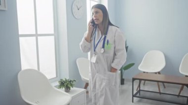 Modern bir klinik bekleme odasında duran, cep telefonuyla konuşan, beyaz sandalyeli ve büyük pencereli profesyonel bir tıbbi ortamı canlandıran, doktor ceketli genç bir İspanyol kadın..