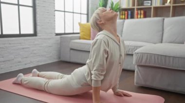 Huzurlu bir kadın modern bir oturma odasında yoga yapıyor, rahat bir kanepenin yanındaki pembe bir paspasın üzerinde geriniyor..