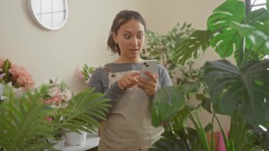 Şaşırmış genç İspanyol çiçekçi kadın, ağzı inançsızlıkla açık, korkmuş ama çiçekçi dükkanındaki bir sürprizle şaşırmış.