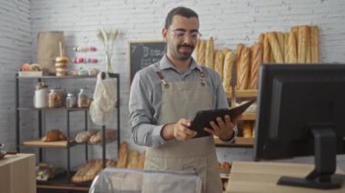Fırında çalışan bir adam tabletle, çeşitli ekmek ve hamur işleriyle çevrili, önlük giymiş ve kameraya gülümsüyor.