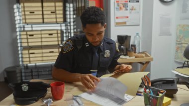 Afro-Amerikan bir polis memuru New York şehir merkezindeki bir masada belgeleri inceliyor..