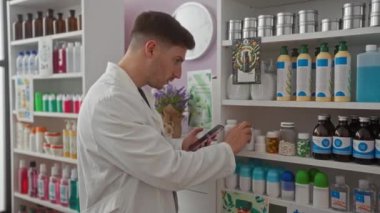 Eczanedeki genç bir İspanyol adam, çeşitli tuvalet malzemeleri ve ilaçlarla çevrili raflardaki ürünleri düzenlerken cep telefonunu kullanıyor..