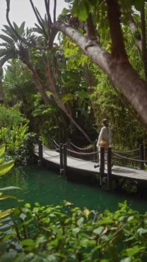 Genç bir kadın, bereketli bir bali tatil köyünde ahşap bir köprüde yürüyor. Huzuru ve egzotik güzelliği somutlaştırıyor..