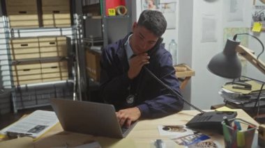 İspanyol dedektif dağınık bir polis karakolunda, geç saatlere kadar çalışan kanıtlarla çevrili bir dizüstü bilgisayara odaklandı..