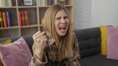 Öfkeli, genç, öfkeli sarışın kadın evdeki kanepede oturuyor, yumruğu hayal kırıklığı ve saldırganlıkla kalkıyor. Saf öfke, delilik ve stres çarpıcı bir iç portrede yakalanır..