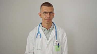 Beyaz önlüklü ve gözlüklü doktor sessiz hareketler yapıyor.