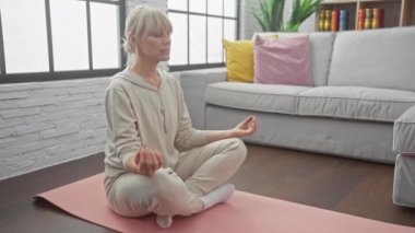 Çağdaş bir oturma odasında pembe bir paspasla yoga yapan sakin bir kadın.