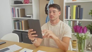 Yakışıklı adam kitap ve çiçeklerle dolu modern bir odada tabletle selfie çekiyor.