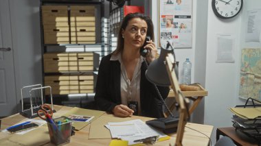 Profesyonel bir kadın dedektif, soruşturma kanıtıyla çevrili, dağınık bir polis ofisinde telefonla konuşuyor..