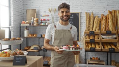 Pastanedeki genç adam pasta tutuyor ve kameraya gülümsüyor. Etrafında ekmek ve pastalar sergileniyor.
