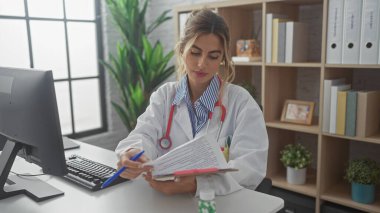 Beyaz önlüklü sarışın kadın, kapalı klinikte dokümanları okuyor.