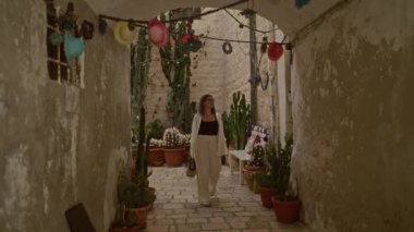 Beyaz kıyafetli genç bir İspanyol kadın polignano 'nun büyüleyici caddelerinde geziyor puglia, İtalya' da renkli dekorasyonlar ve kırsal duvarlarla çevrili bir kısrak..