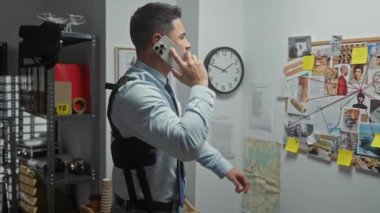 Düşünceli bir adam bir dedektifin ofisinde telefonla konuşurken mantar panoda kanıtları analiz eder..