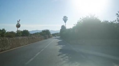 Güneşli gündüz vakti, kırsal alanda dur tabelası olan palmiye arabası boş yol.