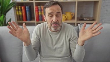 Kafası karışmış bir süveter giyen, kafası karışmış, kafası karışmış, kafası karışmış ve omuz silkmiş bir adam.