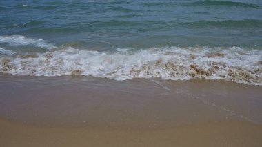 Açık ve sakin bir günde kıyıda hafif dalgalarla dalgalanan kumsal, güzel bir sahil manzarası sergiliyor..