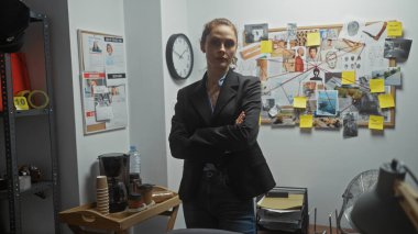 Kendine güvenen kadın dedektif elinde kanıt panosu ve saatle bir polis merkezinde duruyor..