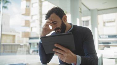 Ofiste sakallı, tablet kullanan endişeli, olgun bir adam.
