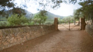 Arka planda ağaçlar ve dağlarla çevrili taştan bir duvar ve bir kapının bulunduğu Mallorca 'da bulanık bir manzara.