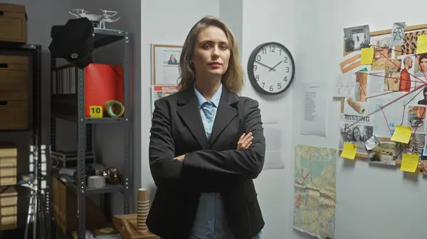 stock image Confident woman detective stands in a police station with arms crossed, surrounded by investigation evidence.