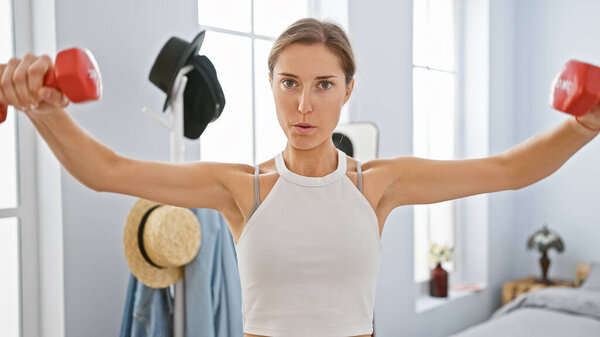 Focused young woman exercises with dumbbells in a bright bedroom, showcasing fitness and a healthy lifestyle indoors.