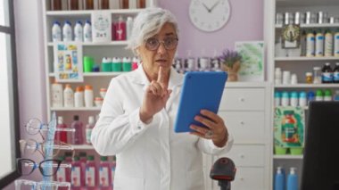 Eczanede gri saçlı yaşlı bir kadın video araması için tablet kullanıyor. Etrafı çeşitli tıbbi ürünler ve gözlüklerle çevrili.