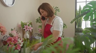 Çiçekçi dükkanında telefonla konuşurken önlüklü, çiçekçi bir kadın.