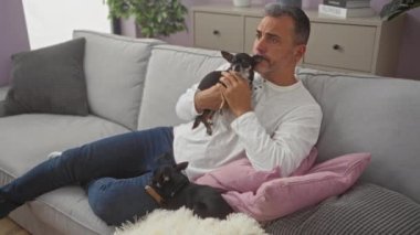 Orta yaşlı bir adam oturma odasındaki kanepede iki Chihuahua köpeğiyle rahatlar ve evinde rahat bir anın tadını çıkarır..